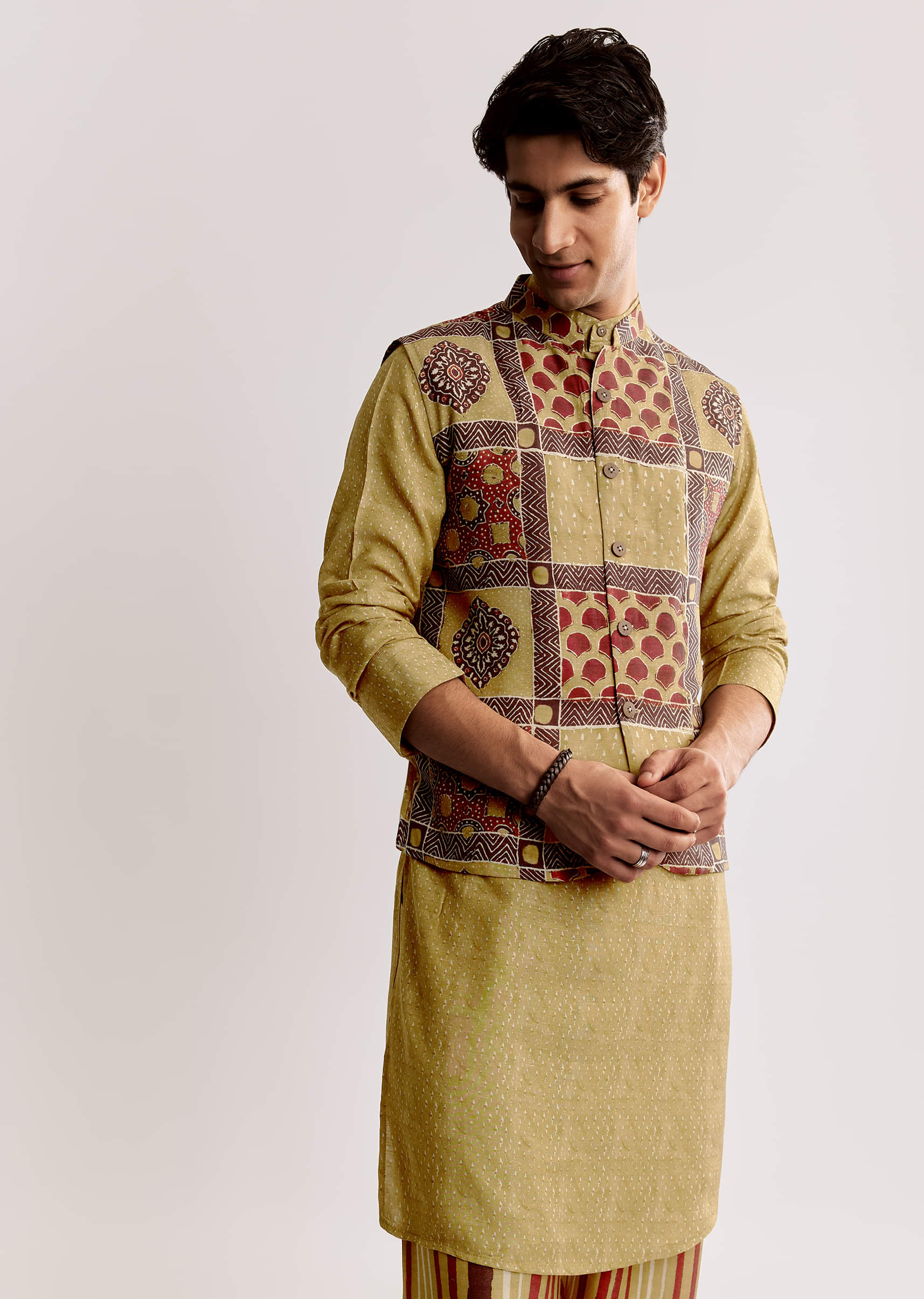 Yellow Linen Kurta Jacket Set With Ajrakh Print