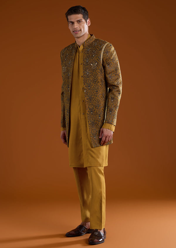 Yellow Muslin Cutdana Work Indowestern Kurta Set