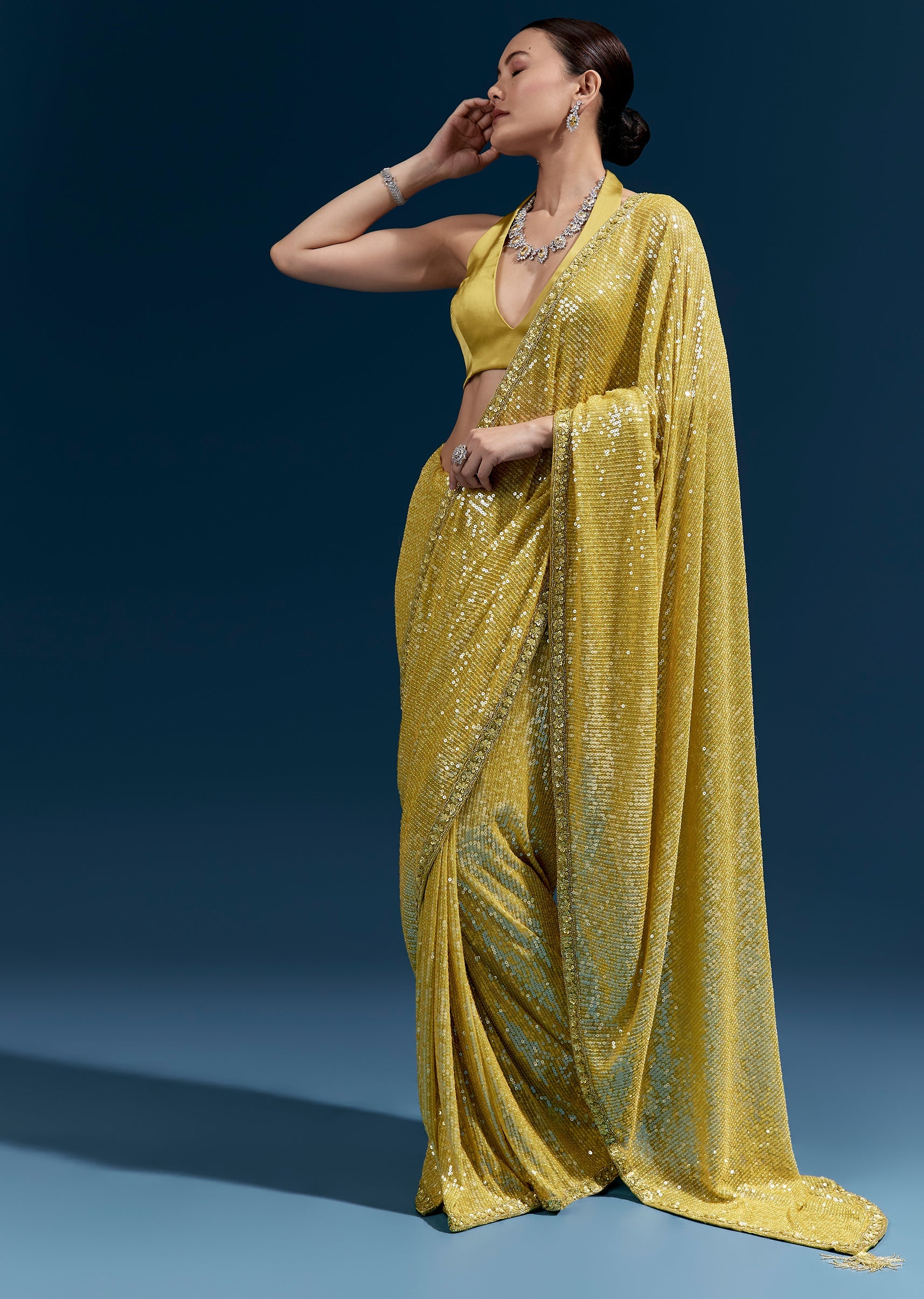 Yellow Net Sequin Saree With Linear All Over Work And Hand Embroidered Floral Border