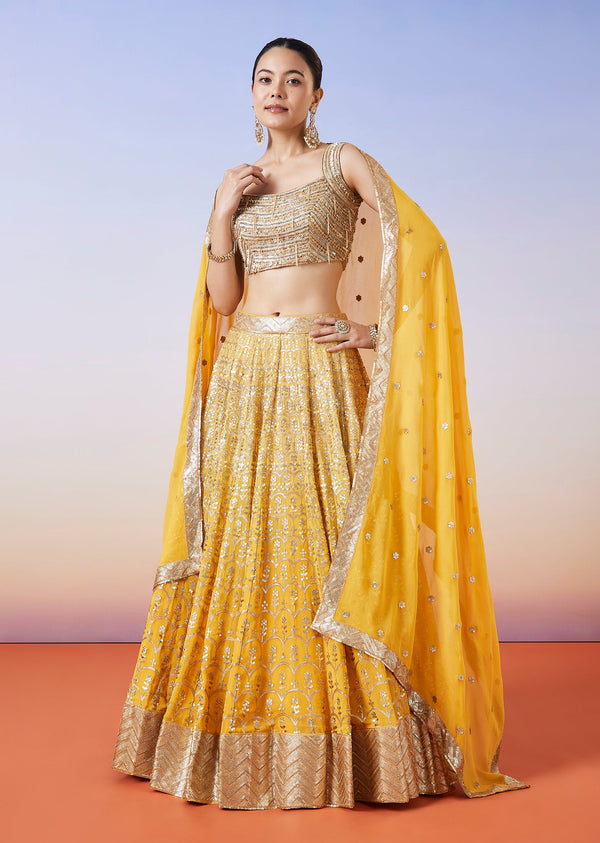 Yellow Ombre Embroidered Lehenga With Dupatta
