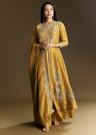 Yellow Palazzo Suit With Resham Kurta Dupatta