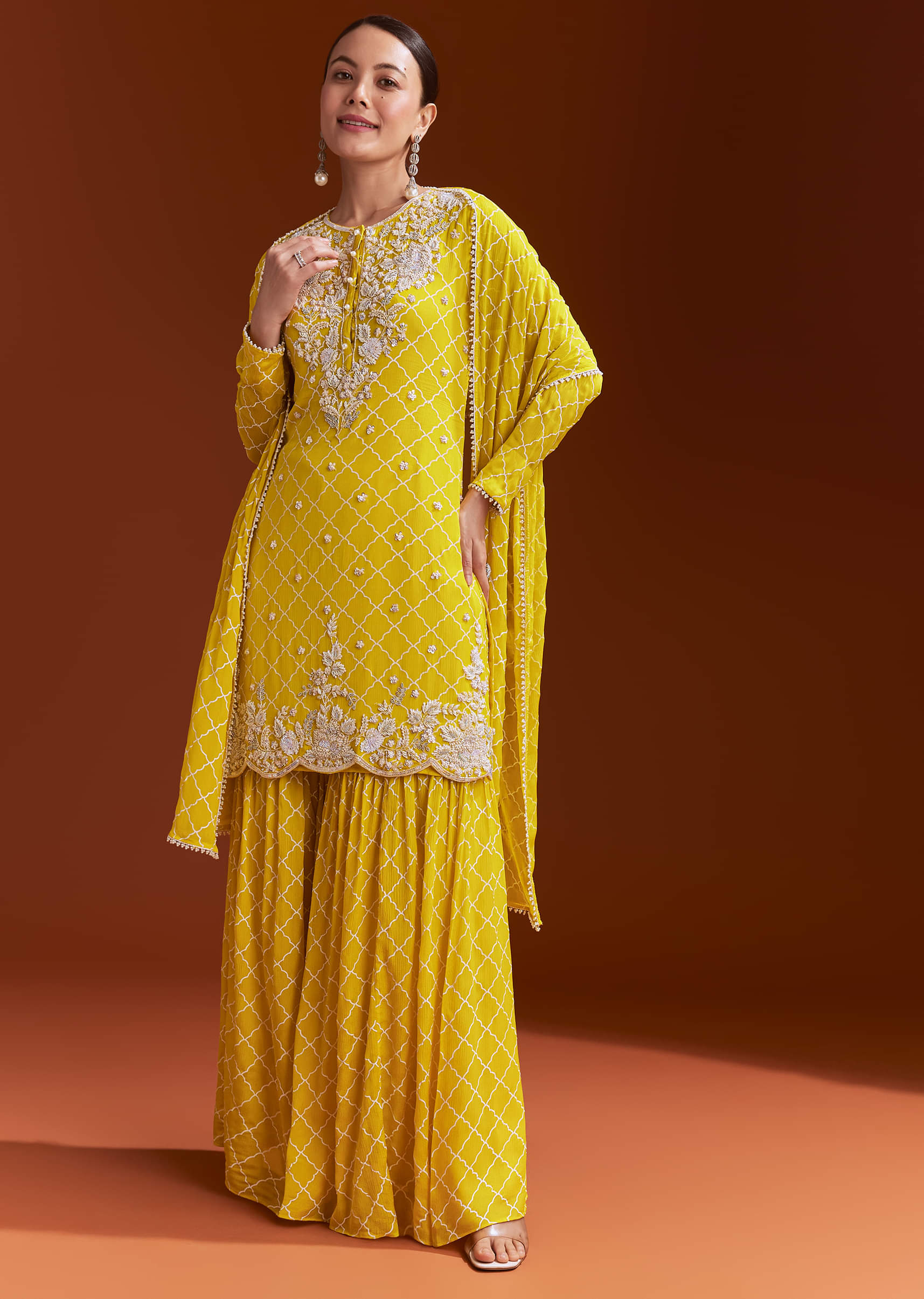 Yellow Chinon Sharara Set With Cutdana And Sequins