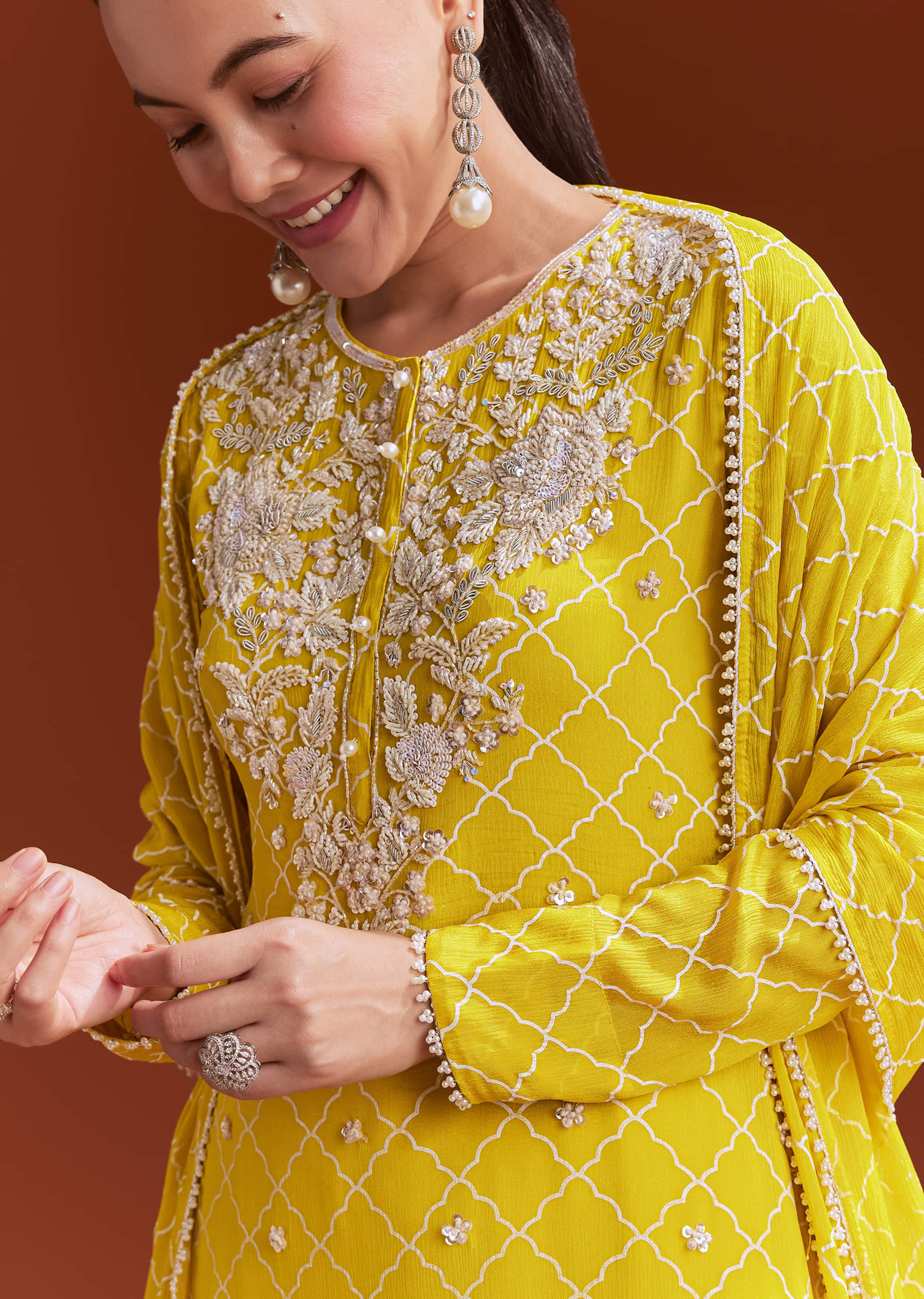 Yellow Chinon Sharara Set With Cutdana And Sequins