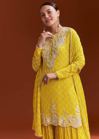 Yellow Chinon Sharara Set With Cutdana And Sequins