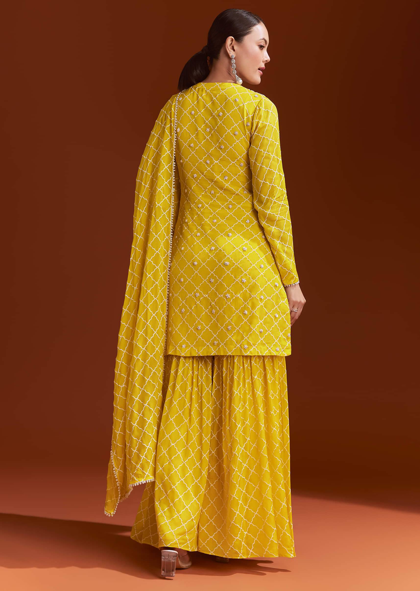 Yellow Chinon Sharara Set With Cutdana And Sequins