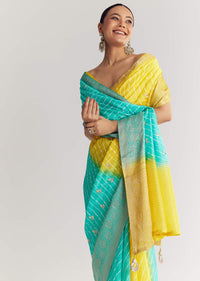 Yellow Rama Saree With Leheriya Print And Floral Gotapatti Embroidery