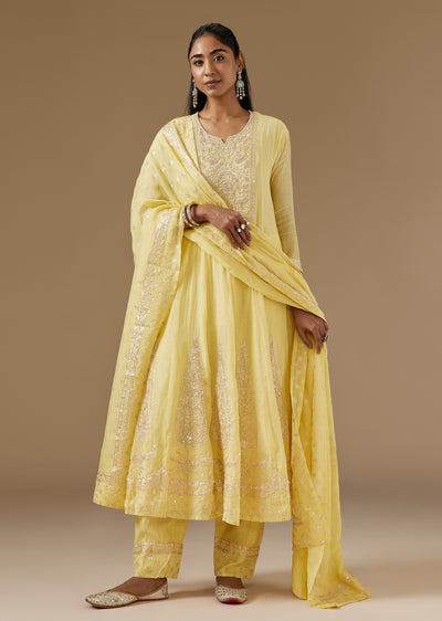 Yellow Russian Silk Anarkali Suit With Zardosi Moti And Sequin Embroidery