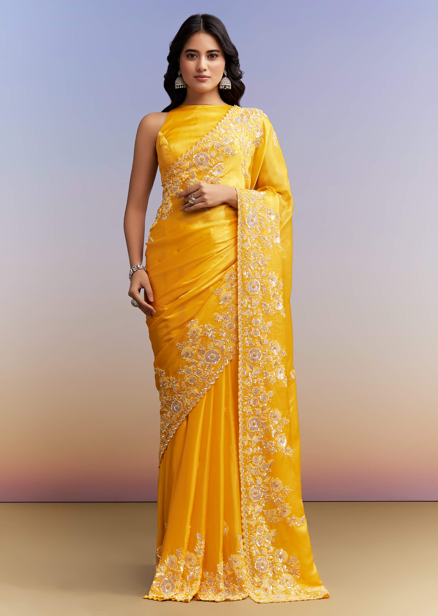 Yellow Satin Saree With Heavy Embroidered Details