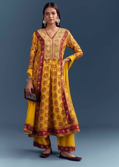 Yellow Silk Anarkali Suit With Floral Print And Zari Embroidery