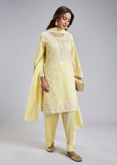 Yellow Silk Blend Patiala Suit With Resham Pearl Work And Dupatta