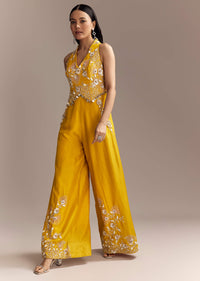 Yellow Georgette Embellished Crop Top And Palazzo Set With Cutdana Work