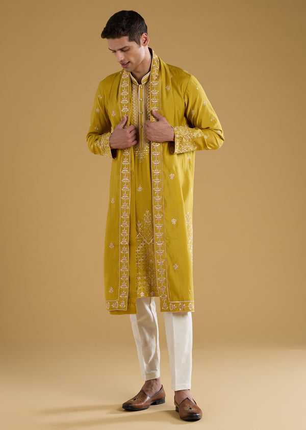 Yellow Silk Embroidered Front Button Kurta Set with Dupatta