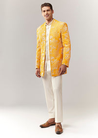 Yellow Silk Indo Western Set With Cutdana Sequins And Resham Work