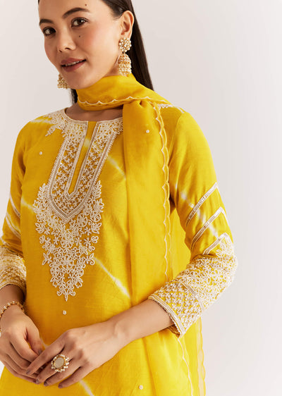 Yellow Silk Leheriya Kurta Set With Moti Work