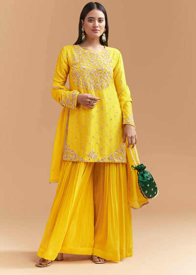 Yellow Silk Palazzo Suit With Sequins Work