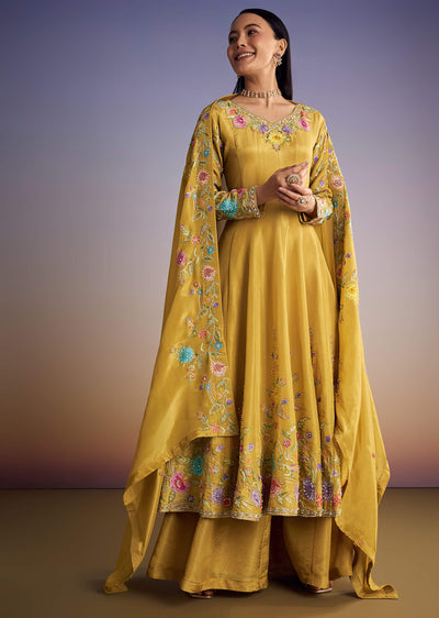 Yellow Tissue Anarkali Set With Resham And Moti Work