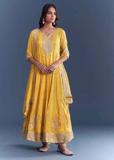 Yellow Tissue Anarkali Suit With Sequins And Zari Work