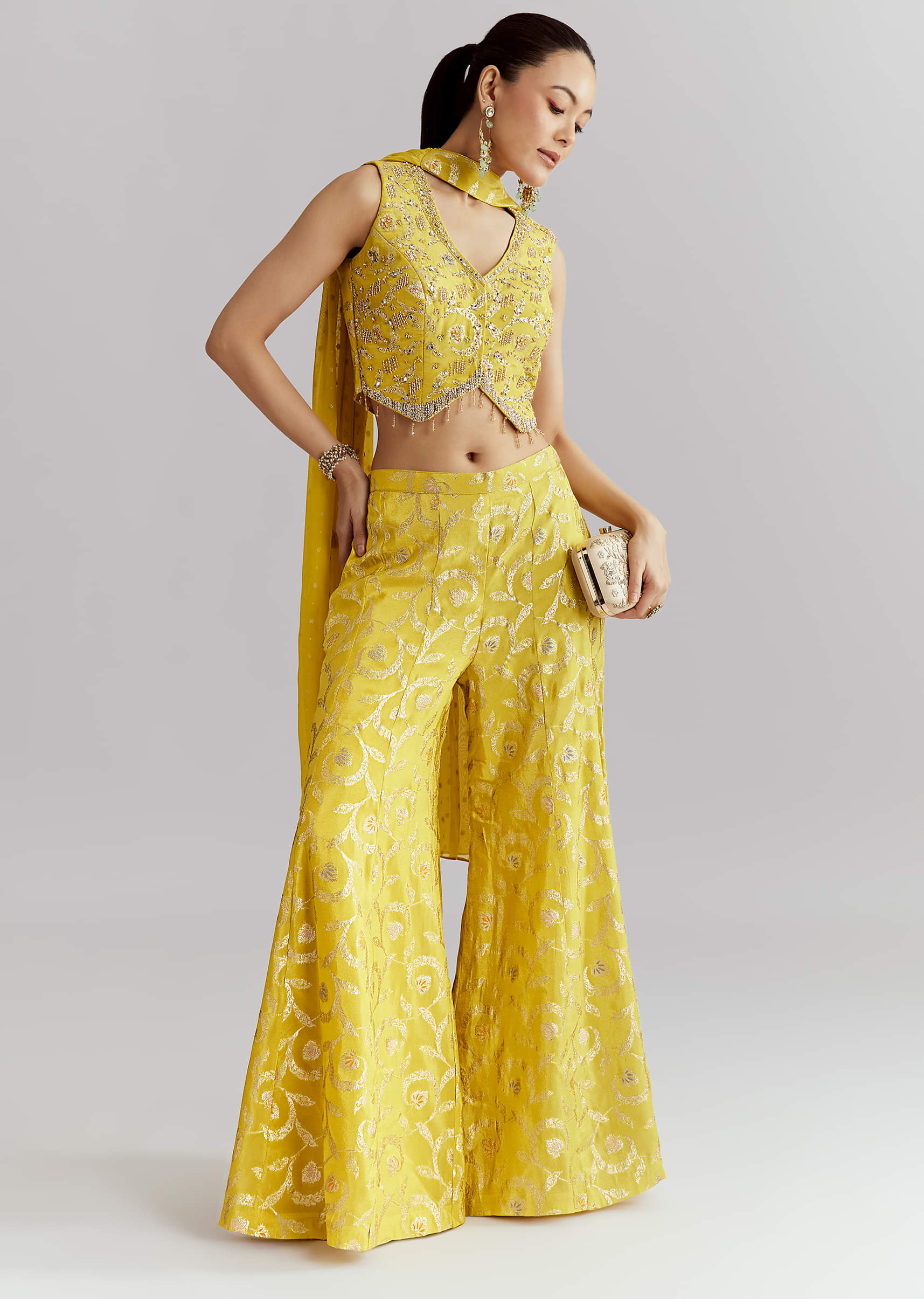 Yellow Tissue Crop Top And Palazzo Pant Set With Embroidery