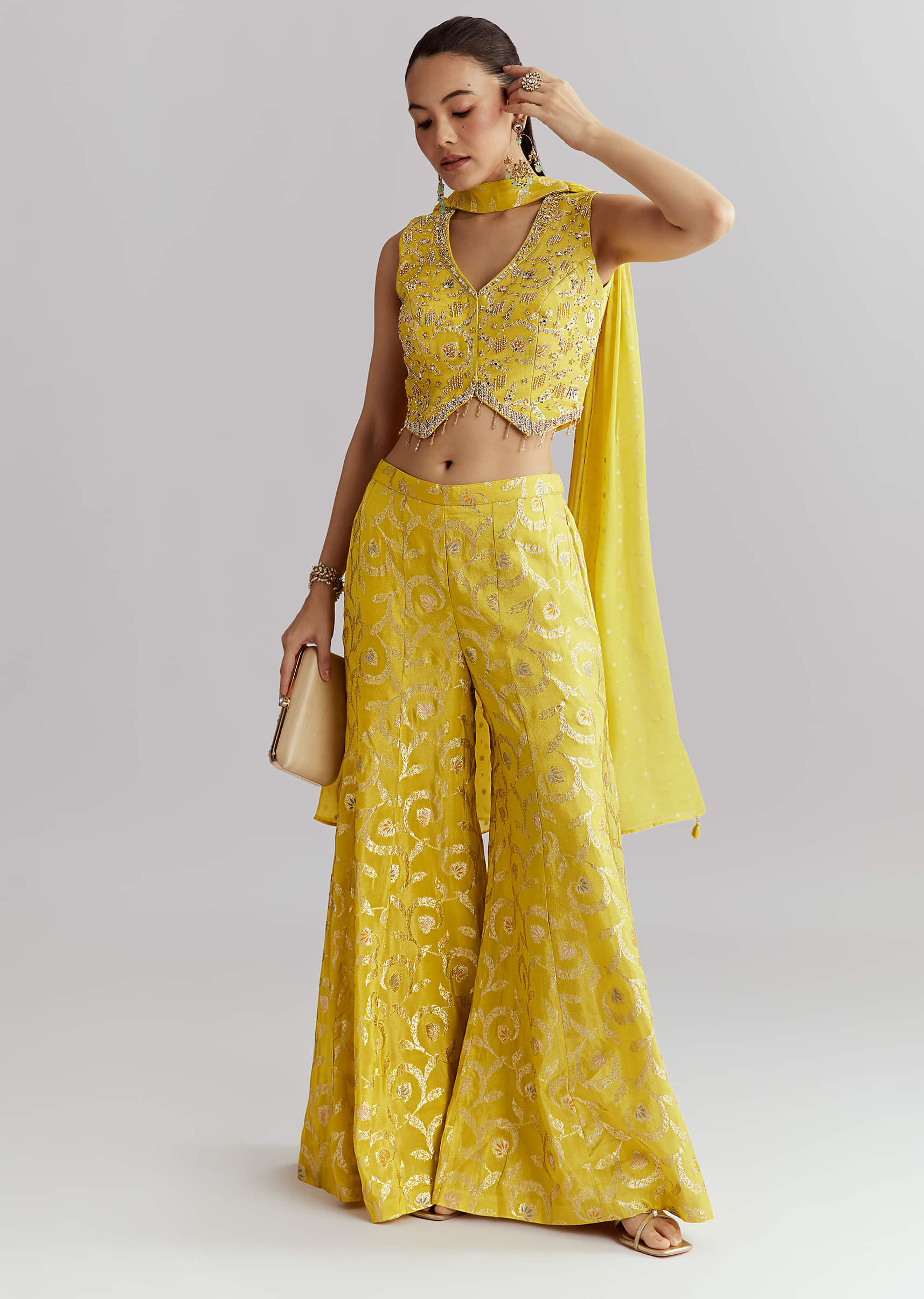 Yellow Tissue Crop Top And Palazzo Pant Set With Embroidery