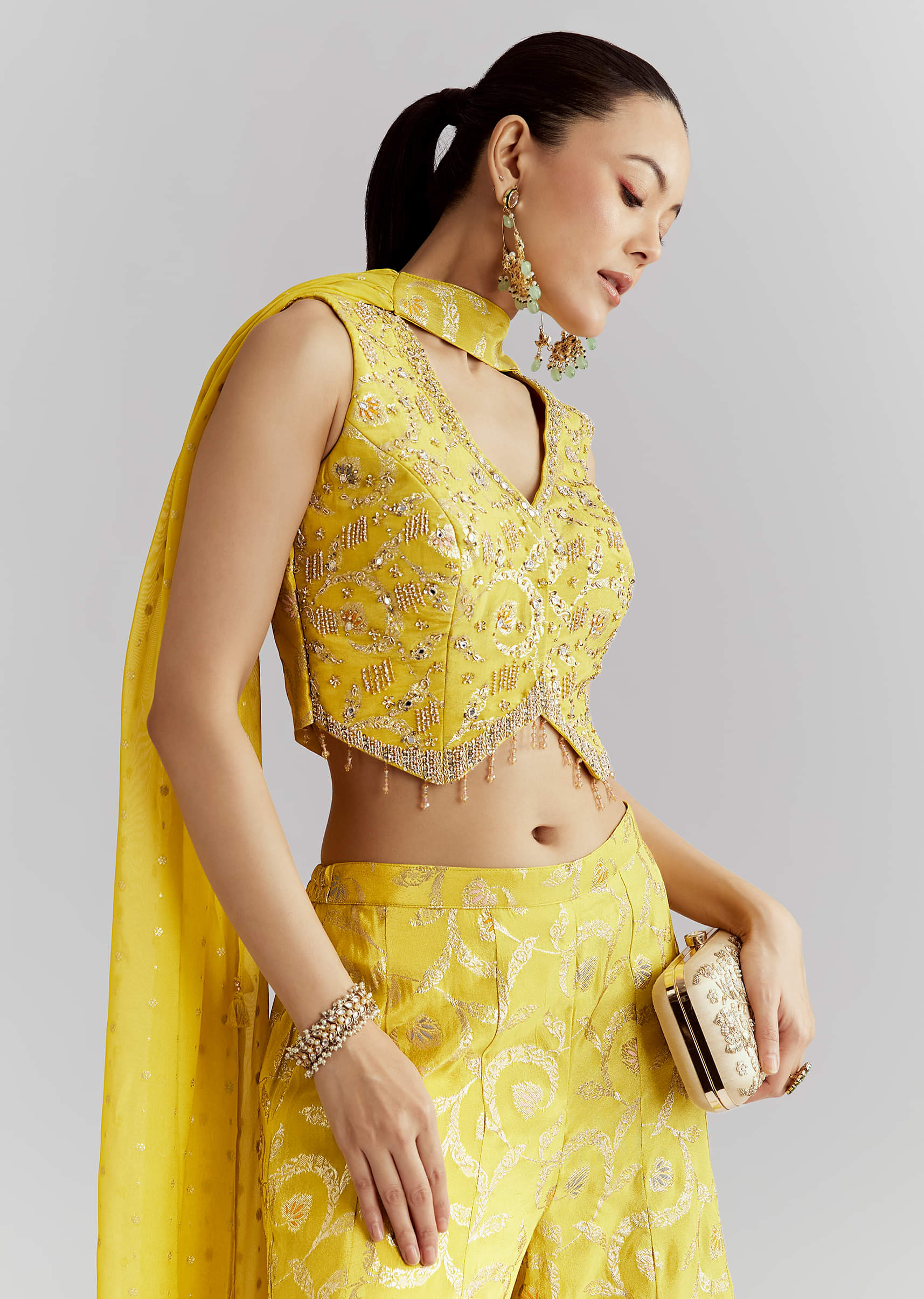 Yellow Tissue Crop Top And Palazzo Pant Set With Embroidery