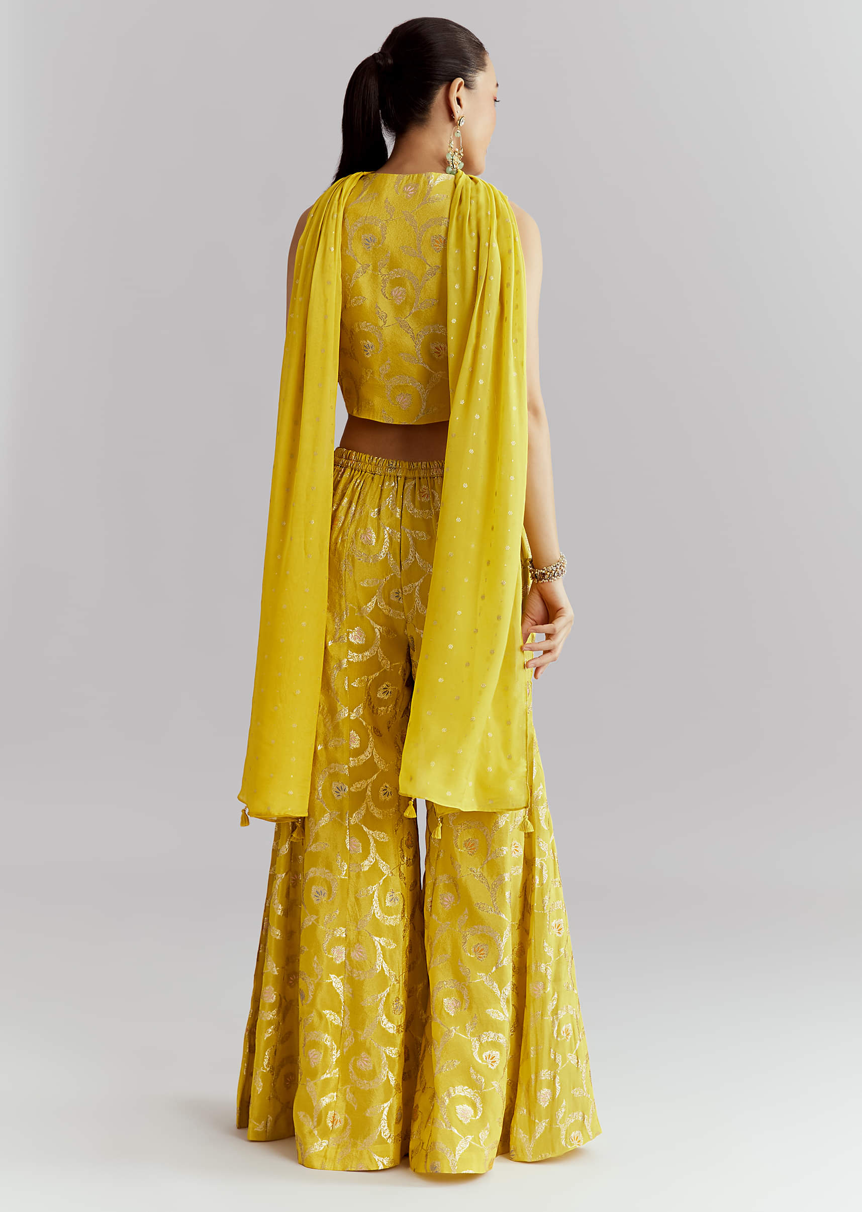 Yellow Tissue Crop Top And Palazzo Pant Set With Embroidery