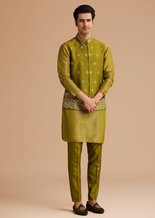 Yellow Tissue Kurta Jacket Set With Resham And Mirror Embroidery
