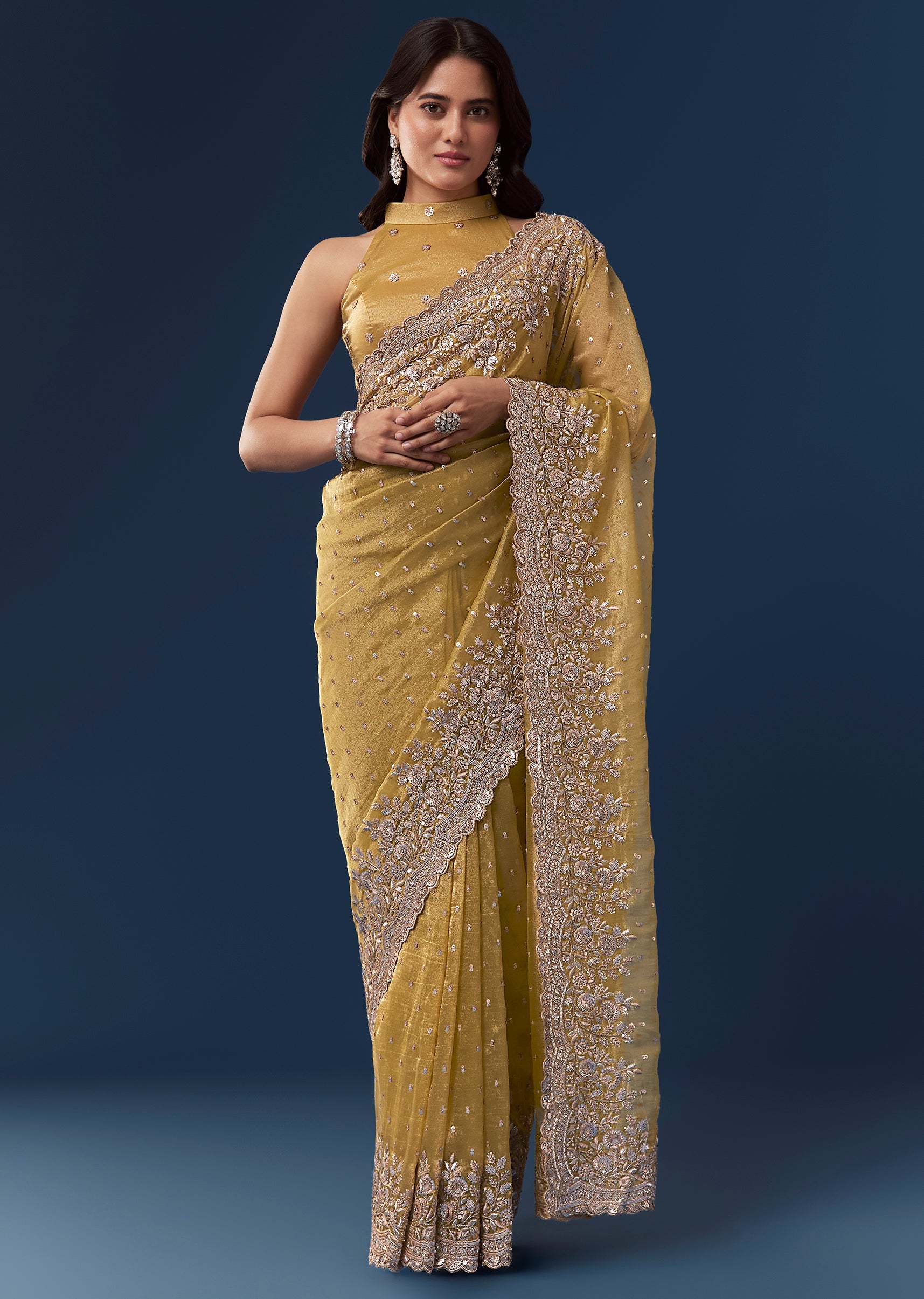 Yellow Tissue Saree With Scallop Heavy Embroidered Border And Sequin Work