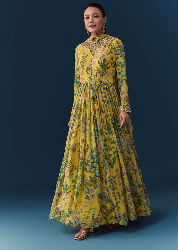 Yellow Tropical Print Georgette Anarkali with Moti Work