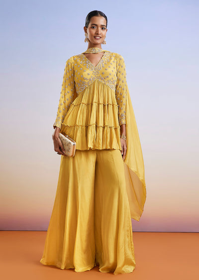 Yellow Zardosi Embroidered Chinon Peplum Palazzo Suit With Dupatta