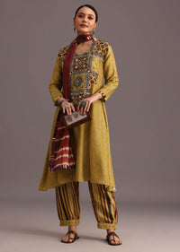 Mehendi Green Ajrakh Printed Kurti With Stripe Printed Salwar