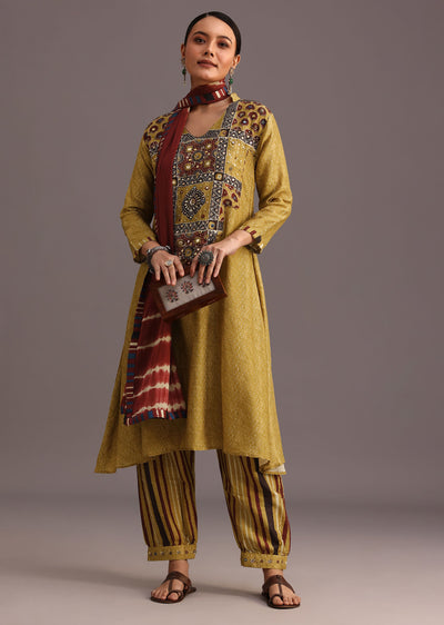 Mehendi Green Ajrakh Printed Kurti With Stripe Printed Salwar