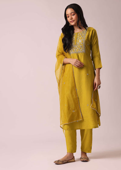 Yellow Chanderi Kurta And Pant Set