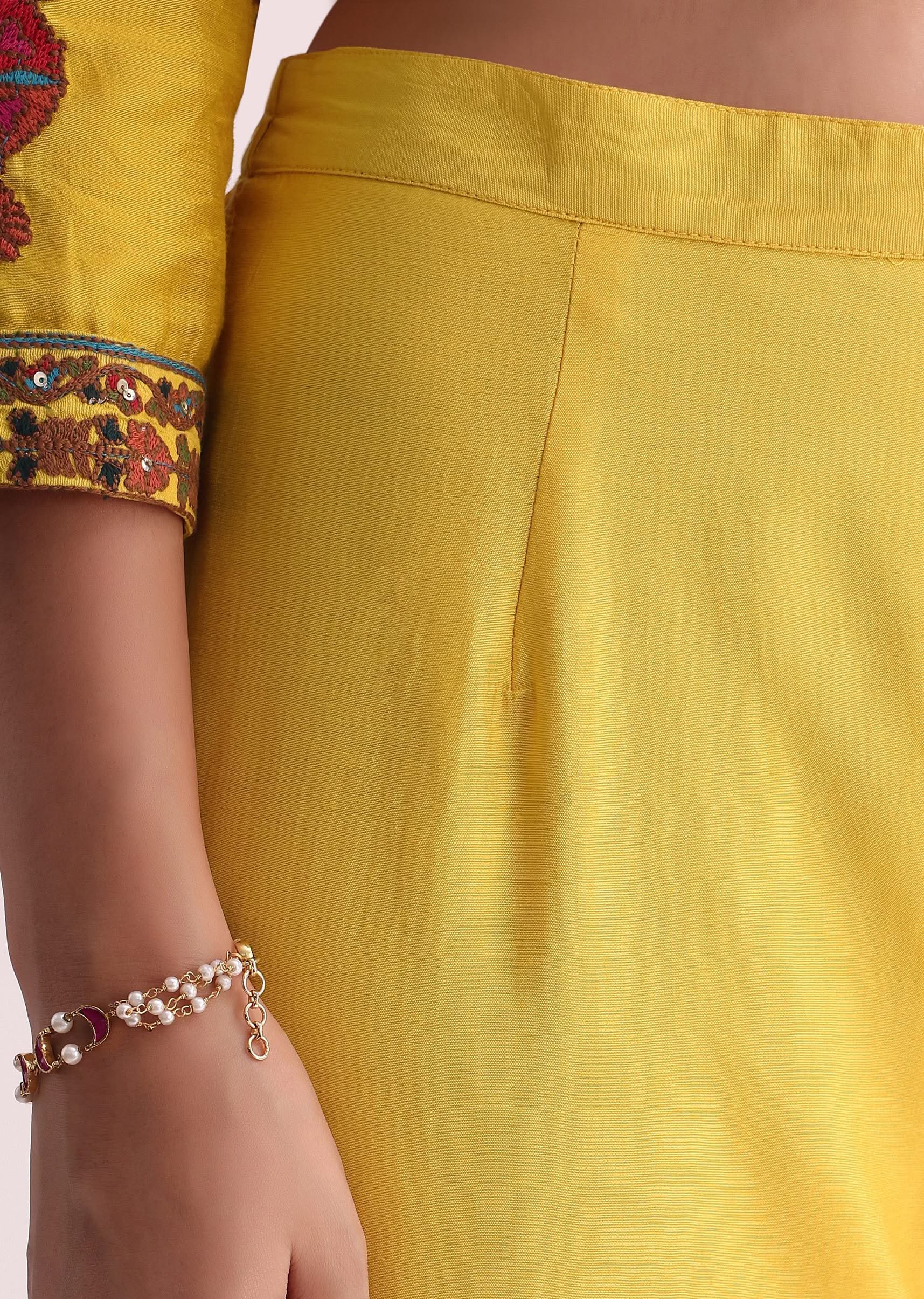 Yellow chiffon kurti pant set with dupatta and resham