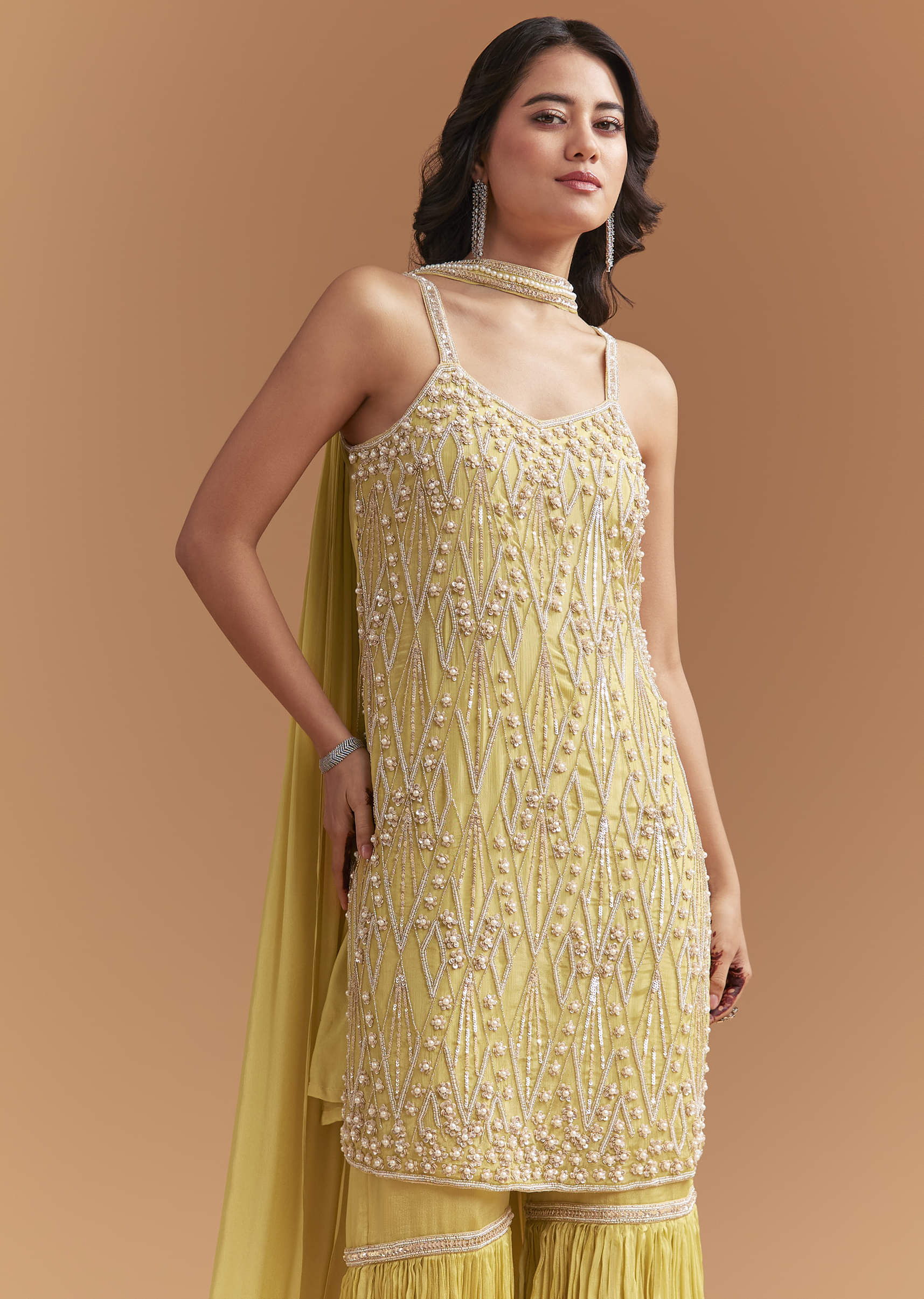 Yellow Chinon Sharara Suit With Beads And Moti Work
