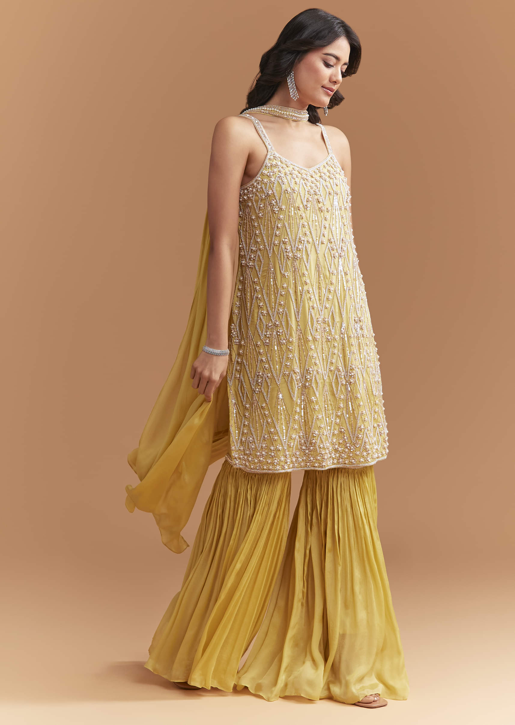 Yellow Chinon Sharara Suit With Beads And Moti Work