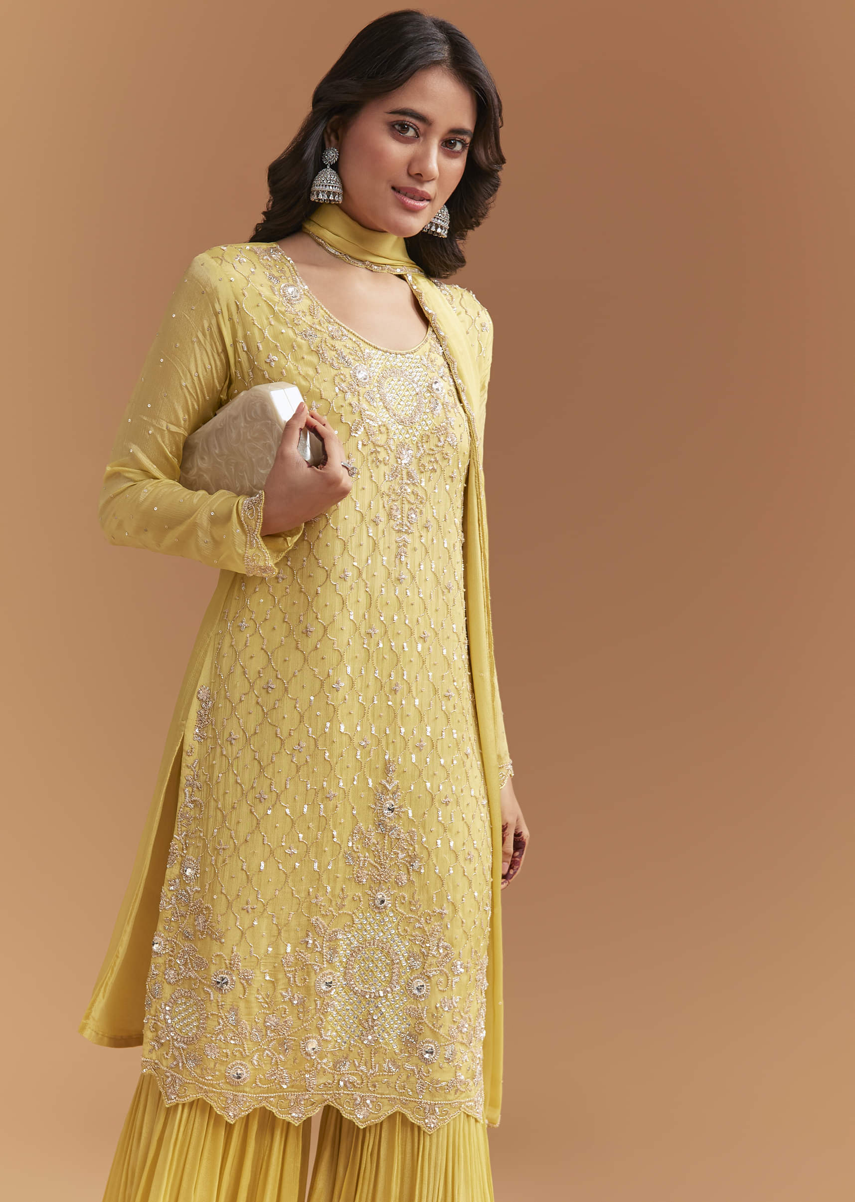 Yellow Chinon Sharara Suit With Sequins And Cutdana Work