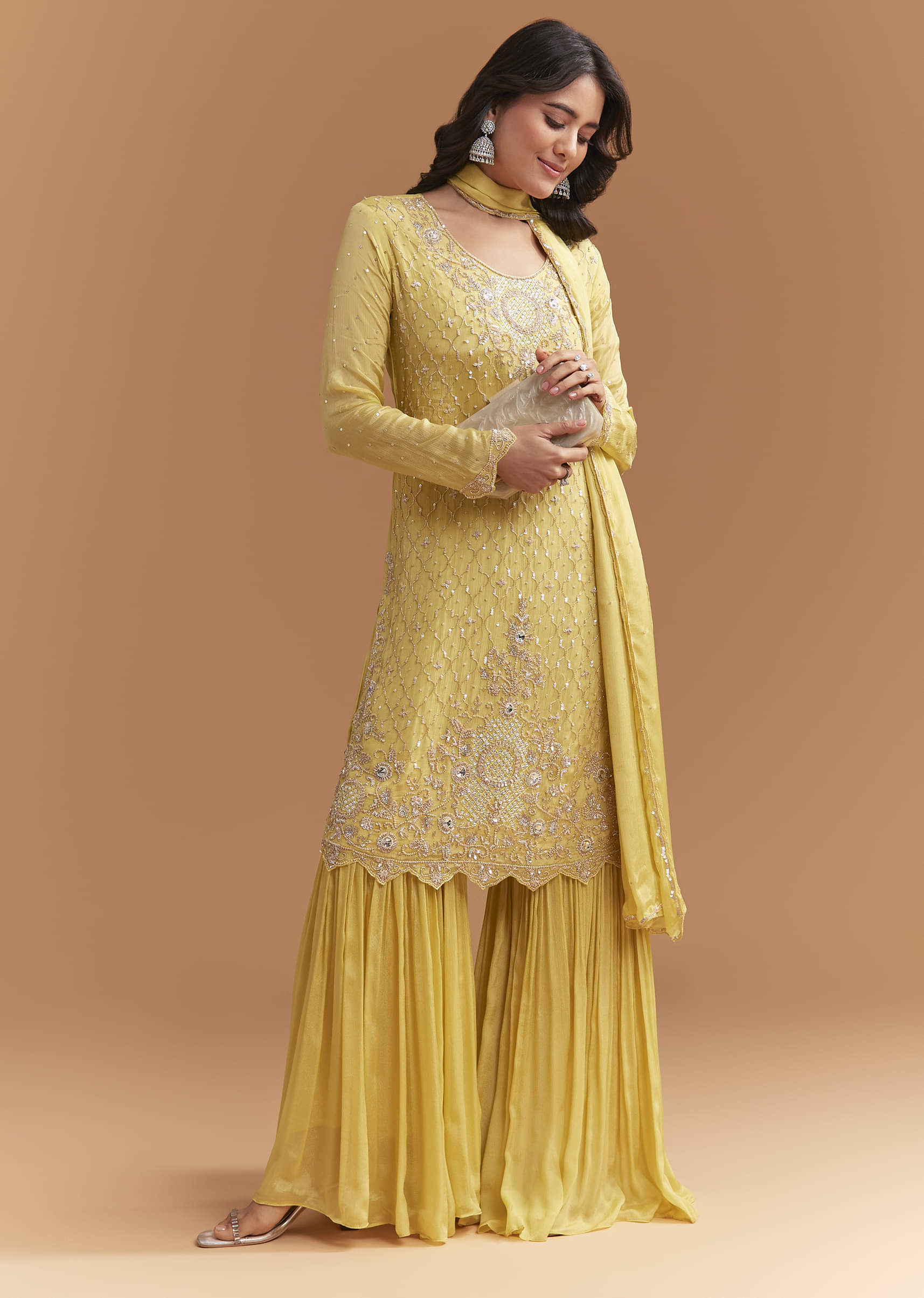 Yellow Chinon Sharara Suit With Sequins And Cutdana Work