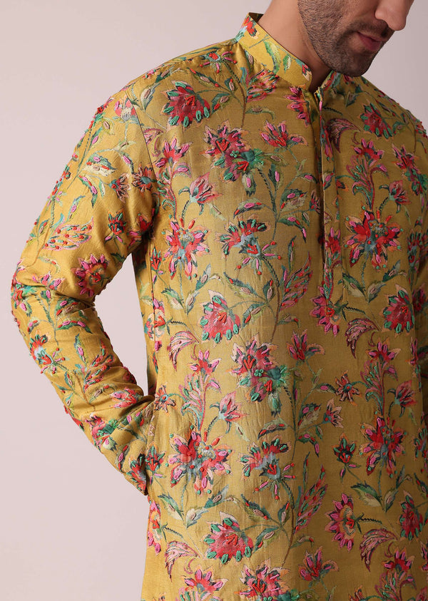 Yellow Floral Hand Embroidered Silk Kurta Set
