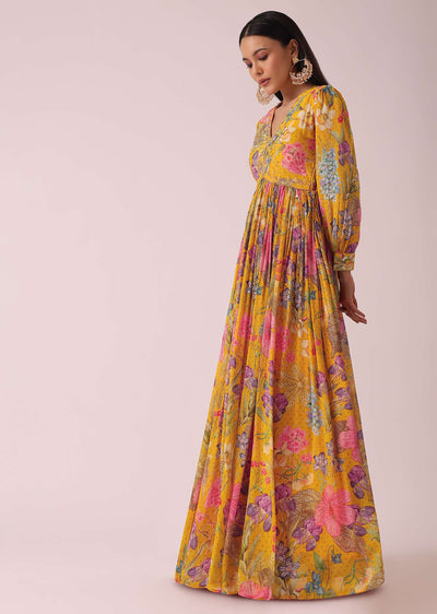 Yellow Floral Print Anarkali Set In Chinon