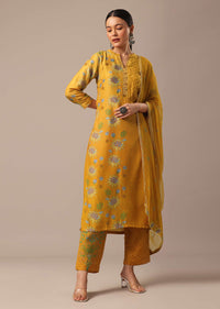 Yellow Floral Print Kurta Set In Silk