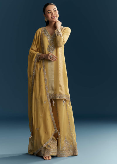 Yellow Organza Palazzo Suit With Zari And Mirror Embroidery