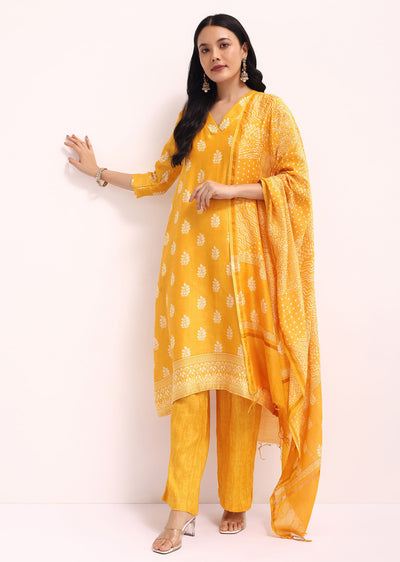 Yellow Printed Chanderi Kurta Set With Dupatta