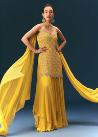 Yellow Sequin Hand Work Sharara Suit With Embroidered Choker Dupatta