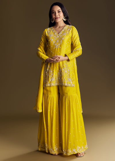 Yellow Sharara Suit With Cut Dana Sequins