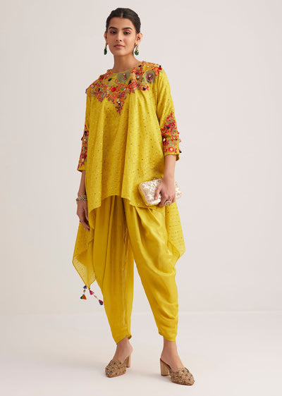 Yellow Silk Kurta Dhoti Set With Resham Embroidery And Tassel Details