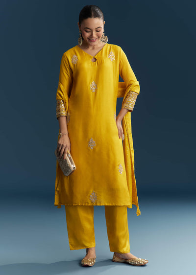 Yellow Silk Kurta Set With Gotta Work