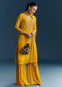 Yellow Silk Sharara Suit With Zardosi And Sequins Embroidery