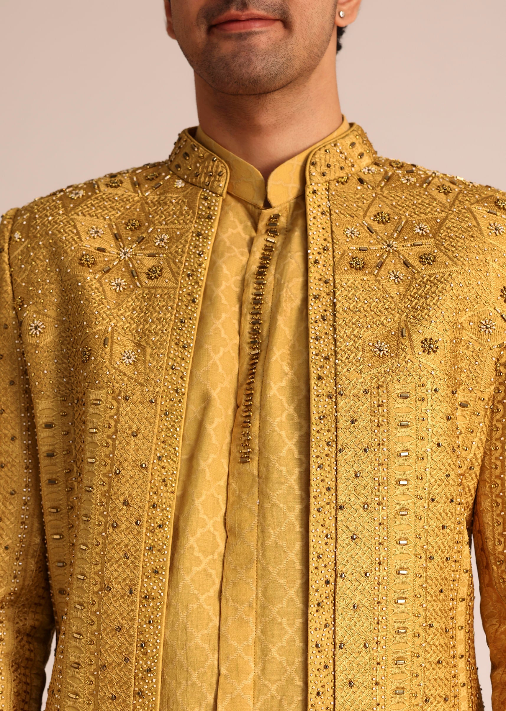 Yellow Silk Zardosi Indowestern Set