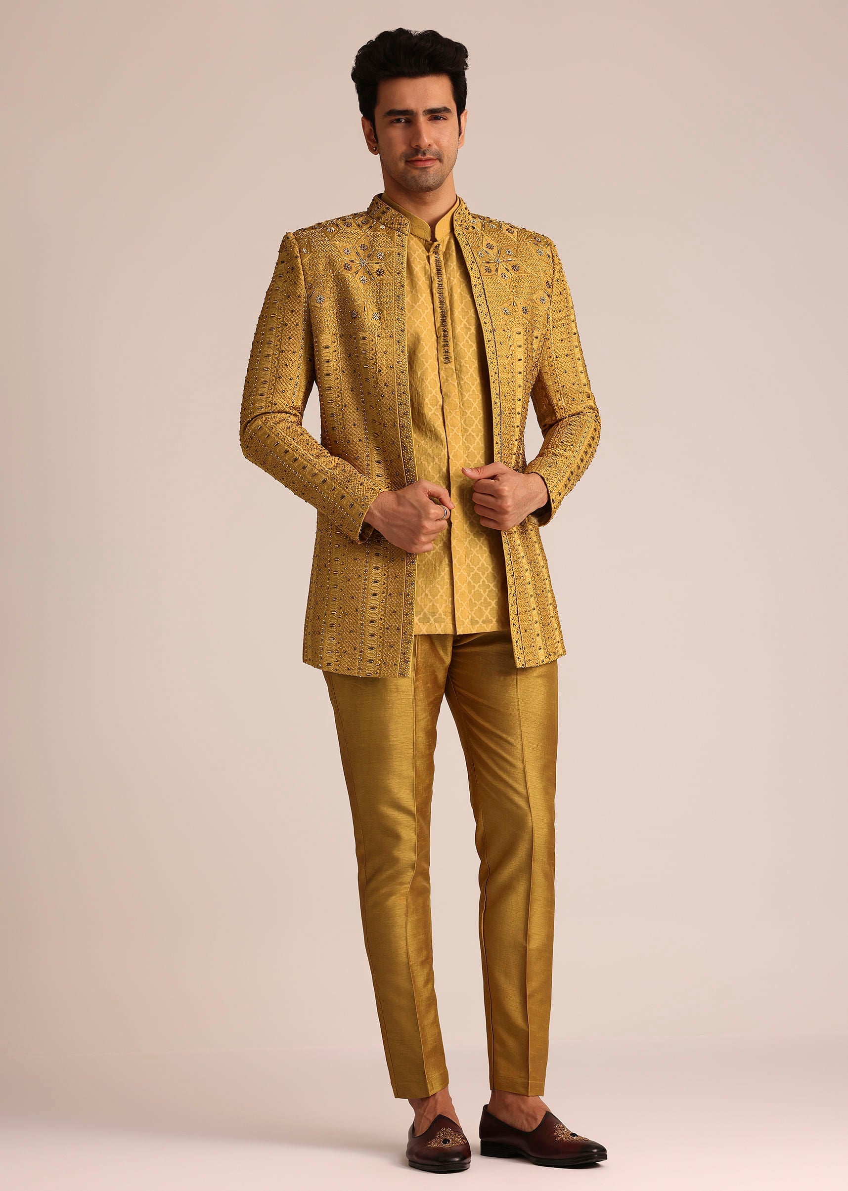 Yellow Silk Zardosi Indowestern Set