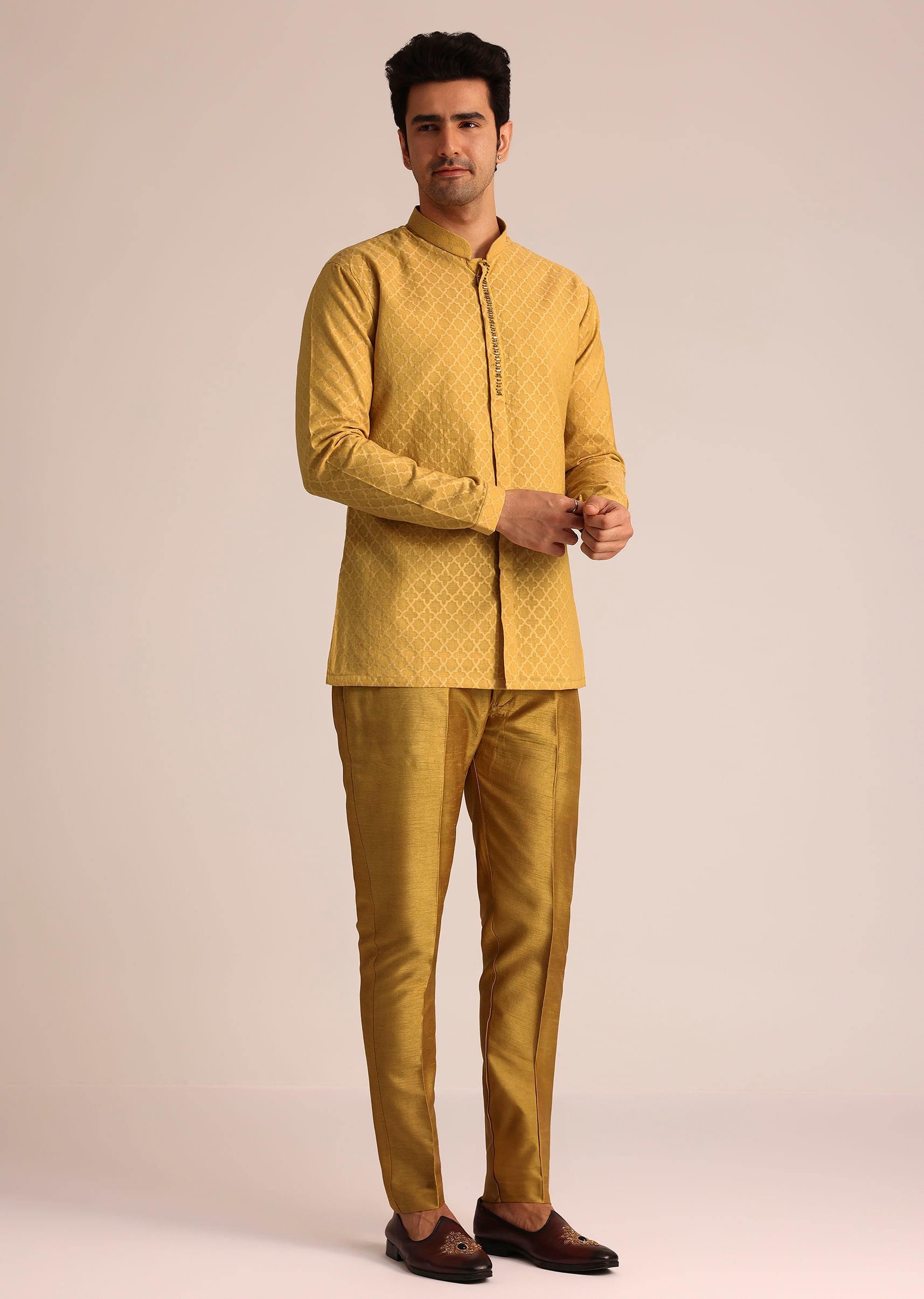 Yellow Silk Zardosi Indowestern Set